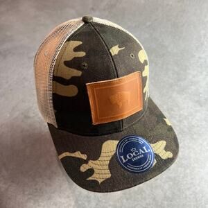 USA Bison Leather Patch Trucker Green Camo Snapback Cap Local Crowns NWT